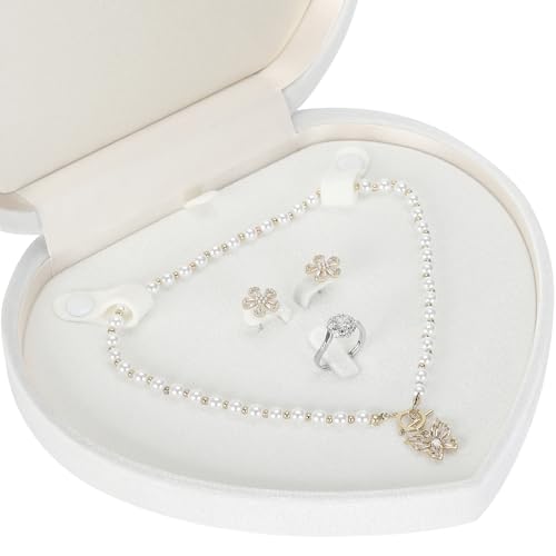 LETURE Large Jewelry Set Gift Box, Heart-Shaped Velvet Necklace Ring Earring Pearl Storage Organizer Holder Box (WHITE)