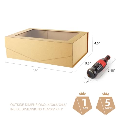 PACKQUEEN Large Kraft Gift Box with Window, 13.5x9x4.1 Inches Clear Gift Box for Present Contains Ribbon, Card, Groomsman ...