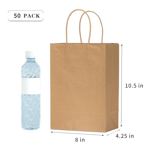 vanhel 50 PCS Gift Bags with Handles,8 x 4.25 x 10.5 Inches,Gift bag,Brown Paper Bags with Handles bulk, Shopping,Party, R...