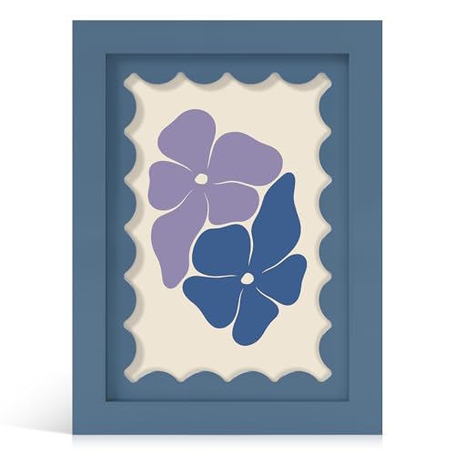 THKRLOF 5x7 Picture Frame with Real Glass, Wooden cute 5 x 7 Photo Frame with Wavy Mat for Tabletop and Wall Hanging, Blu...