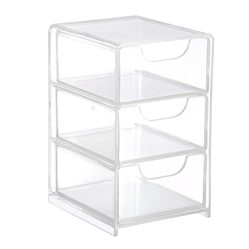 Hipiwe Acrylic Drawer Organizer Qtip Holder for Cotton Pad Cotton Swabs Makeup Storage Drawer with 3 Drawers Clear Desk Dr...