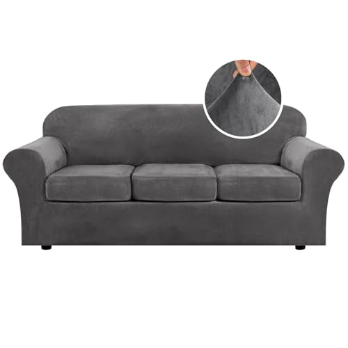 H.VERSAILTEX 4 Pieces Thick Velvet Sofa Covers Couch Covers for 3 Cushion Couch Sofa High Stretch Slipcovers Furniture Pro...