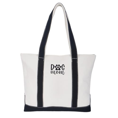 GOPHIE DOG MOM Embroidered Canvas Tote Bag - Large Dog Lover Gift for Women,Zippered Dog Tote Bag for Supplies