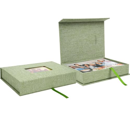 Hiwhy Linen Photo Storage Box, 5 x 7 Inch Memory Keepsake Organizer with Transparent Window, Stylish Photo Box for Storing...