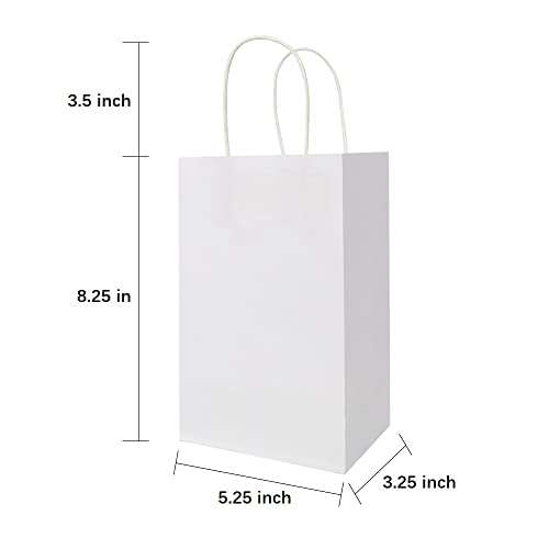 Oikss 100 Pack 5.25x3.25x8.25 Inch Small White Kraft Paper Bags with Handles Bulk for Birthday Wedding Party Favors Grocer...