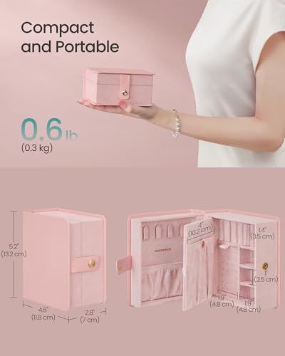 SONGMICS Jewelry Box Organizer with Mirror, Travel Jewelry Case with Pocket for Bracelet, Interlayer, 4.6 x 5.2 x 2.8 Inch...