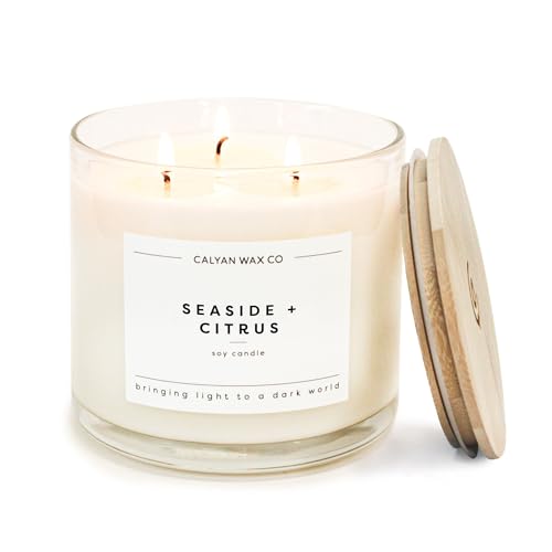 Calyan Wax Co. Seaside & Citrus 3 Wick Scented Candle - 43 Hour Burn - Luxury 3 Wick Soy Candles - Non Toxic Soy Wax Candl...