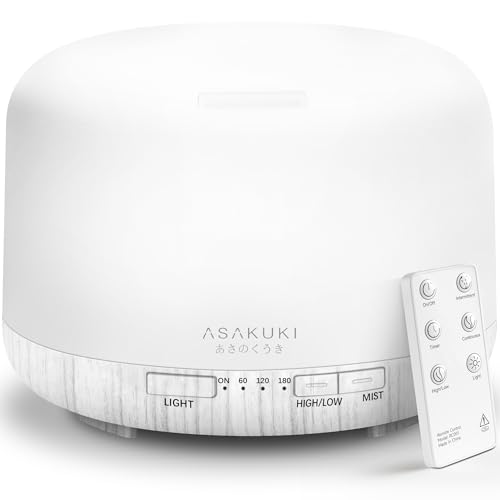 ASAKUKI Essential Oil Diffuser for Home, 500ML Aromatherapy Diffuser Humidifier with Remote Control, 7 Color LED Lights, Q...