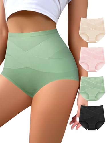 QUASTI Women's High Waisted Underwear Slightly Tummy Control Cotton Panties Full Coverage Postpartum Briefs 4 Pack