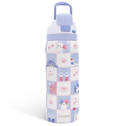 Gift for Cat Lover Stainless Steel Water Bottle, Vacuum Insulated, Push-Button Lid, 32 oz for Cat Mom Women Girls Friends ...