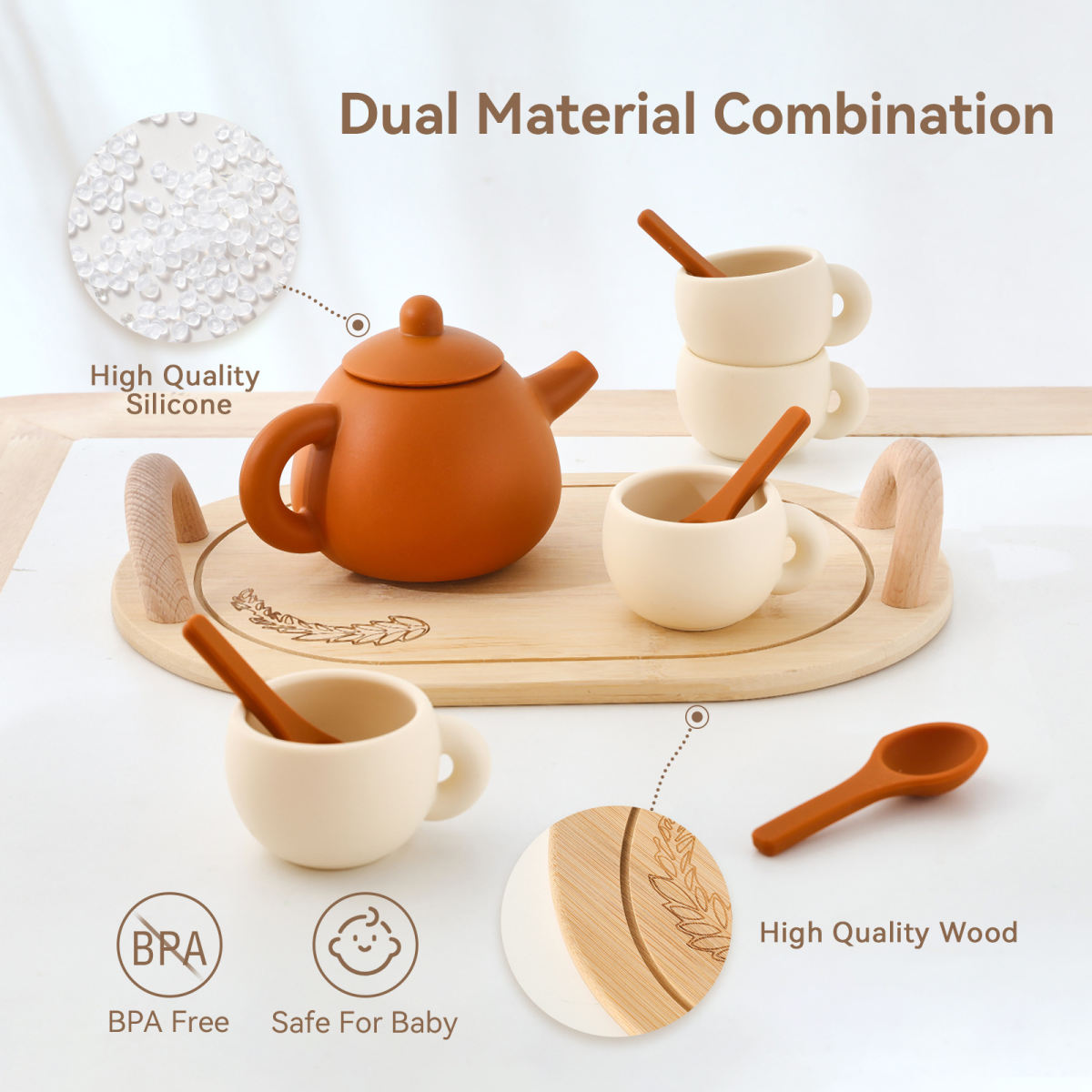 Wooden Silicone Toy Play Kitchen Tea Set For Childrens Pretend Tea Party