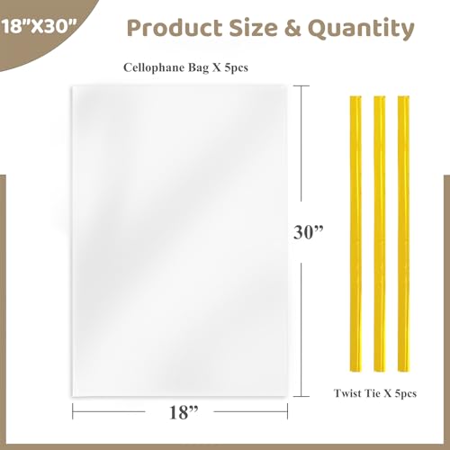 WIKDAY Cellophane Wrap for Gift Baskets 5 PCS 18x30 Inches Large Clear Cello Gift Bags with Ties Plastic for Gift Giving, ...