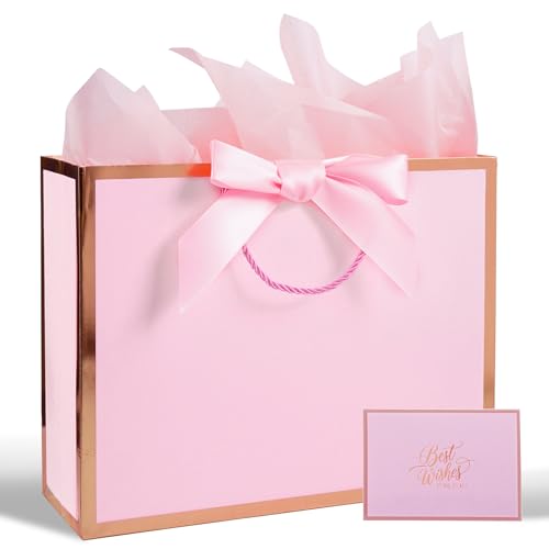 Plauthus Pink Gift Bag with Ribbon, 13" Large Gift Bag with Handle, Greeting Card & 2 Tissue Paper（Rose Gold Foil Frame） f...