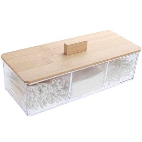 Sohalejr Wood Qtip Holder 3 Compartments Cotton Ball and Swab Holder Organizer with Lid,Jar for Cotton Rounds,Bathroom Con...