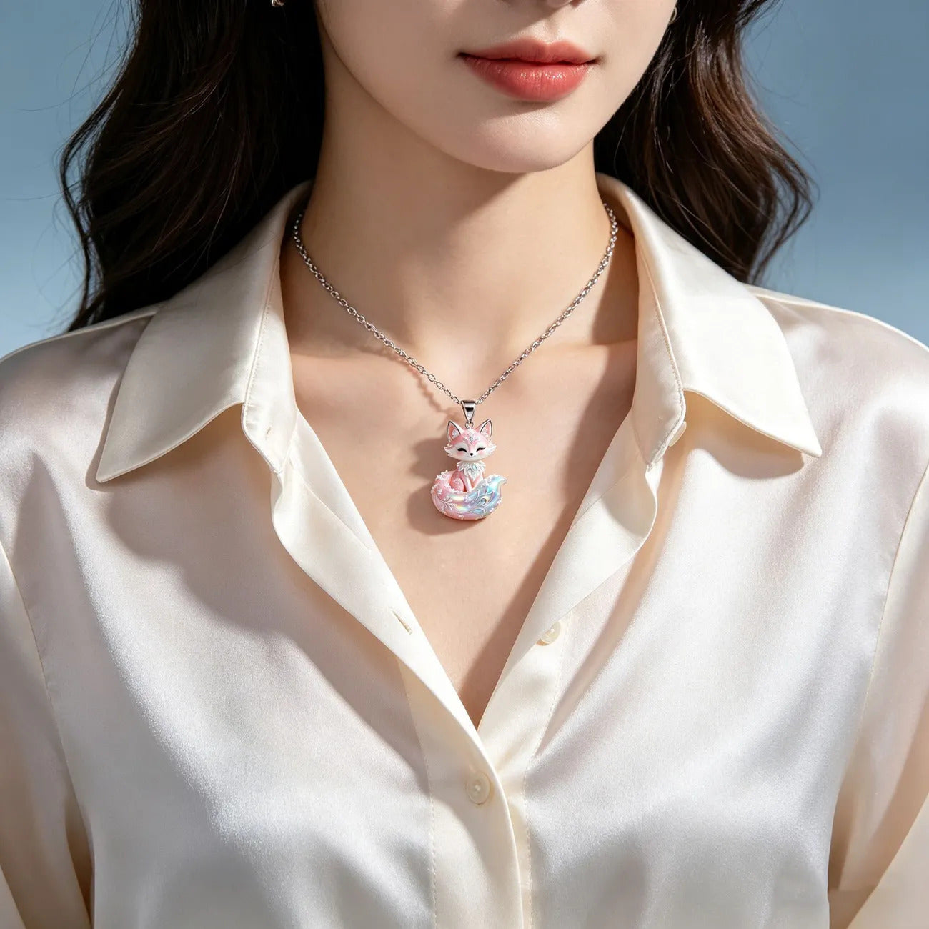 1pcs Gradient  Enamel Crystal Fox Pendant Necklace, Dreamy Sweet Fairy Style, For Daily Dating Wear & Women Valentine Birthday Gifts