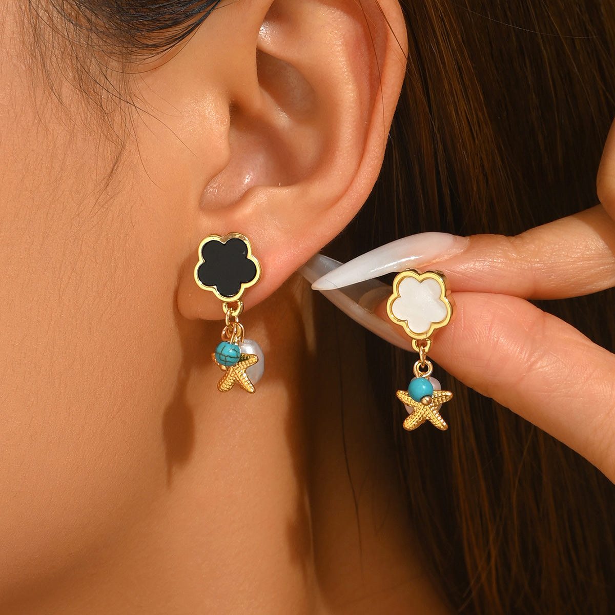 New Arrival Cross-Border European American Earrings, Geometric Five-Leaf Clover Stud Earrings Inlaid Turquoise, Versatile Premium Ear Jewelry For Women