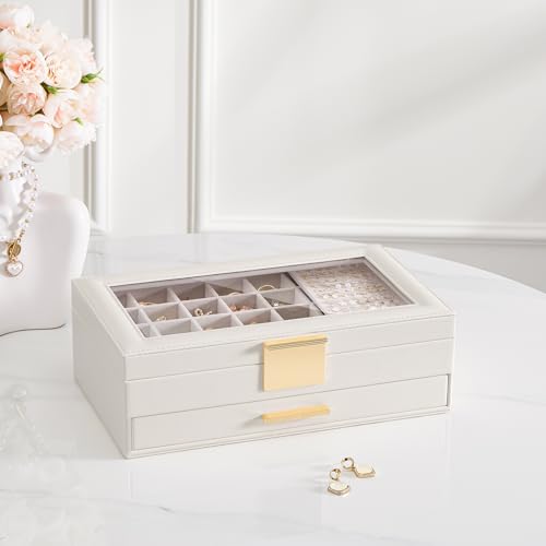Lolalet Earring Storage Box Case with Glass Top, Large Earring Jewelry Holder Organizer Display with Drawer and Grid, Gift...