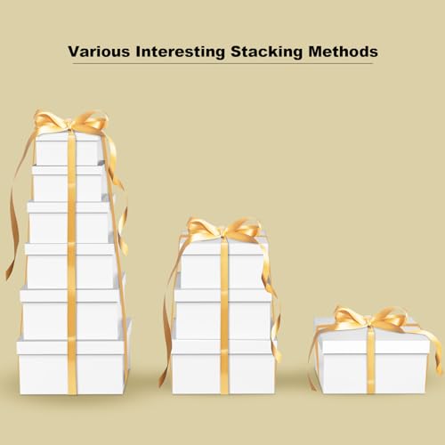 NOVELTYBOXUSA Set of 6 White Nesting Gift Boxes with Lids & Ribbon – Stackable Square Wedding, Birthday, Bridesmaid, Propo...