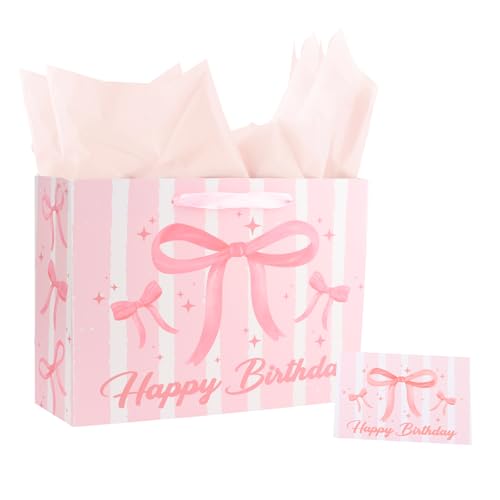 ACO-UINT Happy Birthday Gift Bags for Women Pink Bow Gift Bag with Tissue Paper and Ribbon Handles Pink Birthday Card, Cle...