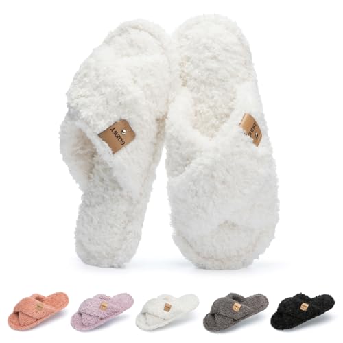 GOEWY Fuzzy Open Toe Slippers for Women Indoor and Outdoor with Memory Foam Cozy Cross Band Women's Slipper Cute Soft Hous...