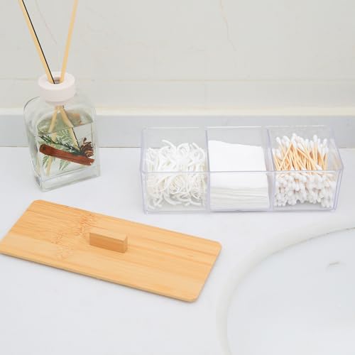 Sohalejr Wood Qtip Holder 3 Compartments Cotton Ball and Swab Holder Organizer with Lid,Jar for Cotton Rounds,Bathroom Con...