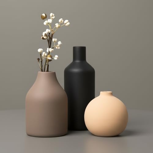 Ceramic Vase Set of 3 - Modern Farmhouse Decorative Vases for Home Decor. Boho, Rustic Vase, Small Neutral Pottery Vase Se...