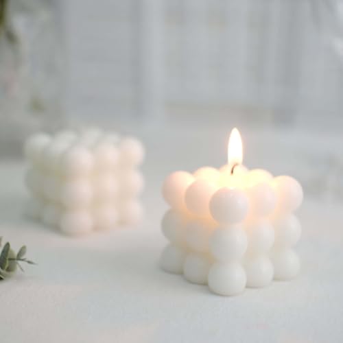 Efavormart 2 Pack White 2" Bubble Cube Paraffin Wax Candles, Unscented Rubik's Cube Aesthetic Decorative Pillar Candles