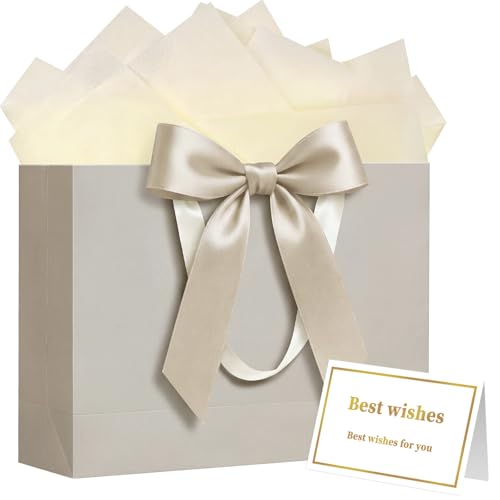 Laidans 13" Gift Bag with Handles and Bow Ribbon, Large Gift Bag with 3 Tissue Paper and 1 Card for Birthdays, Baby Shower...