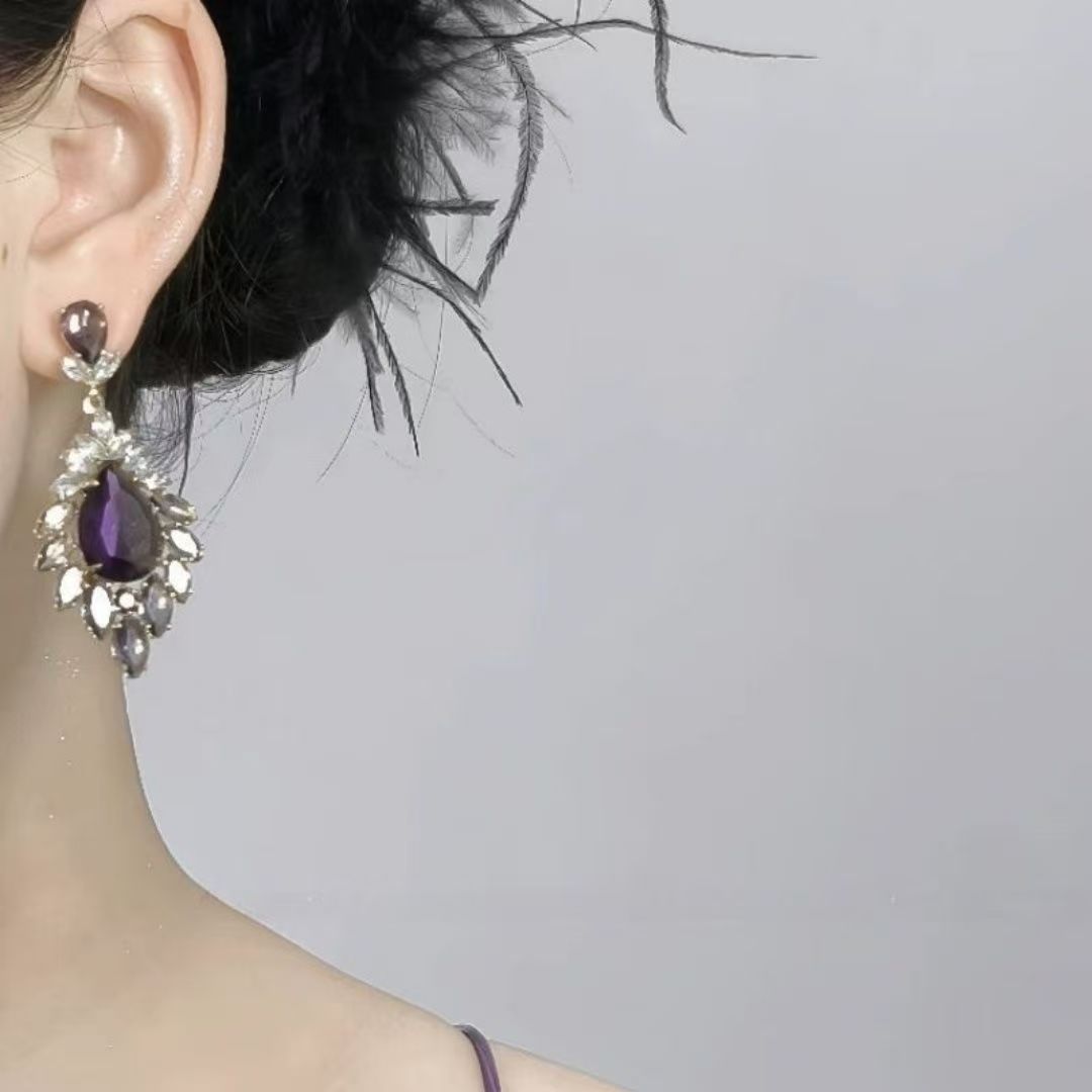 European American Fashion Gradient Purple Teardrop Zircon Earrings, Super Sparkling Dangle Drop Earrings For Runway & Formal Evening Dress