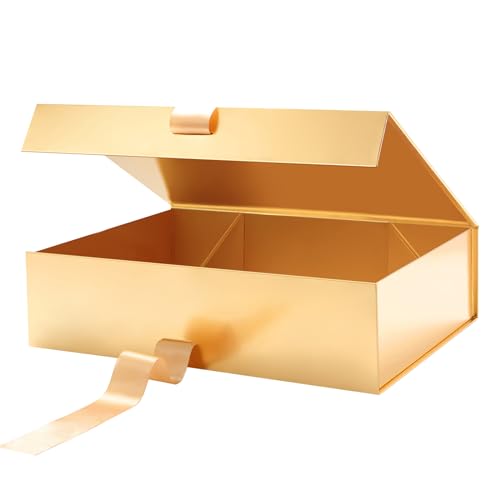 GREEN BEAN Large Gift Box with Lid for Present 13x9.7x3.4 Inches, Gold Magnetic Luxury Gift Box with Ribbon, Christmas Bri...