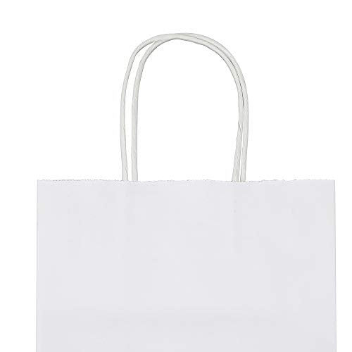 bagmad 100Pcs Pack 8x4.75x10 inch Medium White Kraft Paper Bags with Handles Bulk, Gift Bags, Craft Grocery Shopping Retai...