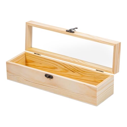Useekoo Unfinished Wooden Box with Hinged Glass Lid, 11.8" x 3.3" x 3.2" Wood Wine Box, Decorative Keepsake Box for Gift, ...