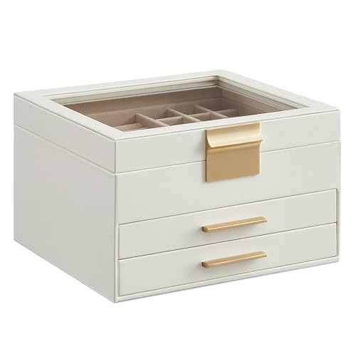 SONGMICS GISELLA Collection - Jewelry Box Organizer, 3-Layer Jewelry Storage with 2 Drawers, Shiny Metal Hardware, Glass L...