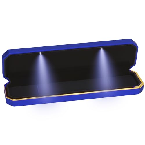 Luxury LED Necklace Long Chain Gift Box with LED Light, Velvet Jewelry Box Storage Case Organizer Holder (Blue)