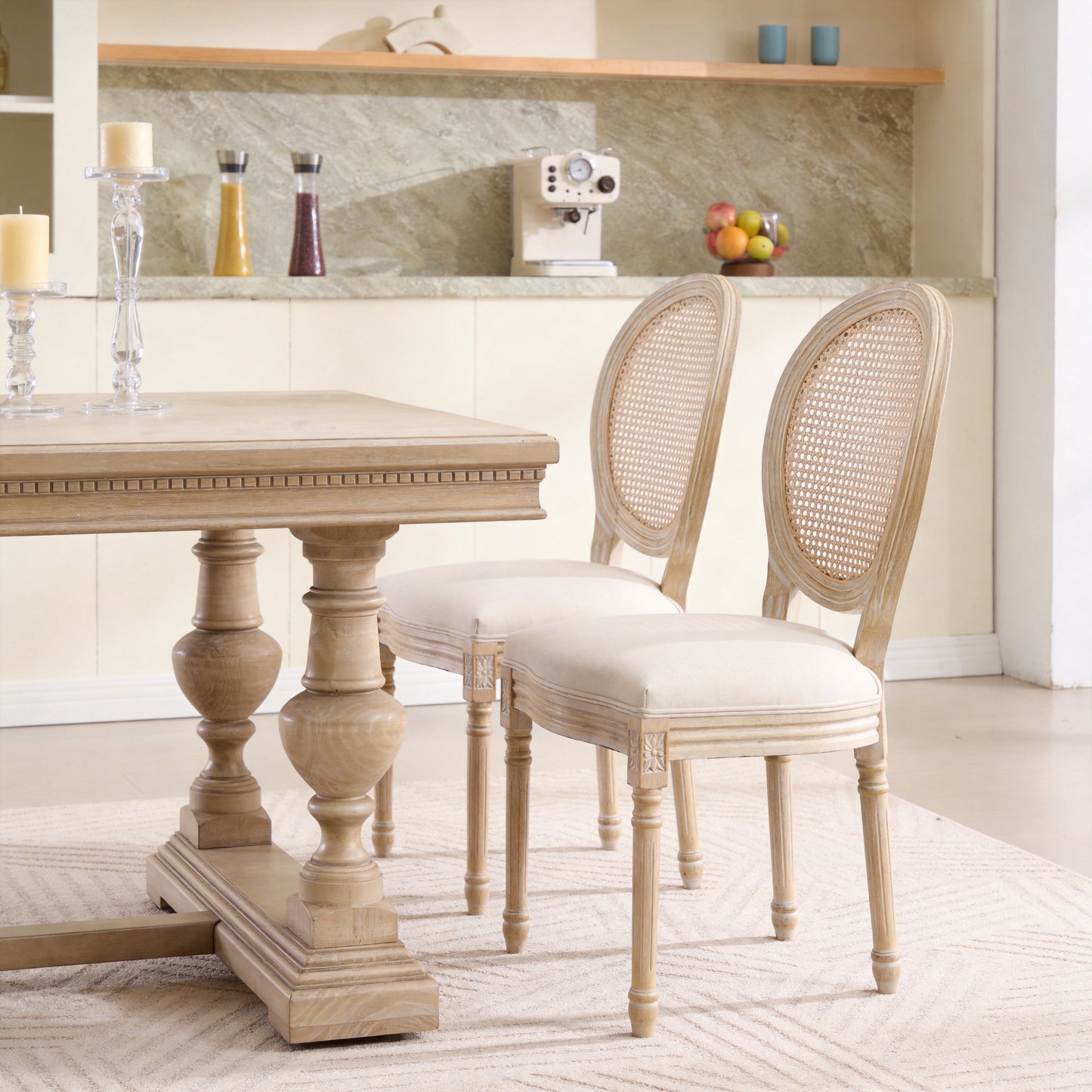 French Country Dining Chairs Set Of 2, Upholstered  Chairs With  Rattan Round Back, Wire Drawing And Carving Techniques ,Disassemblable ,  For Living Room, Kitchen , Restaurant Use, Beige