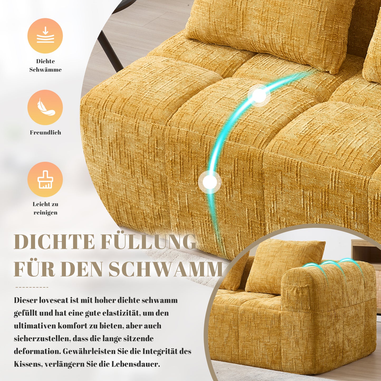 Comfortable Sofa For 2 People, No Assembly Required, Fluffy Sofa With A Cushion, Side Pockets For Remote Control And Mobile Phone, Neat And Stylish, Yellow