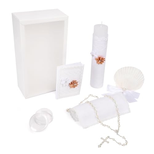 5 PCS Baptism Candle Set for Boys and Girls,Baptism Kit Catholic Candle,Towel,Shell,Rosary andBible for Baptismal Christen...