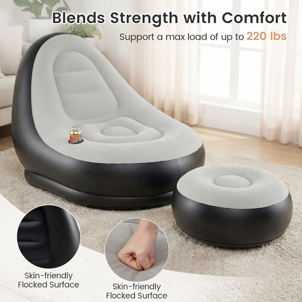 Inflatable Lounge Sofa With Ottoman Portable Air Sofa Of Up To 220 Lbs For Adults With Flocked Surface For Home, Yard, And On The Go Occasions Like Camping Or Trips