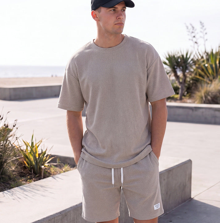Athleisure T-shirt And Shorts Waffle-knit Set Korean-style Chic For Wearing Out