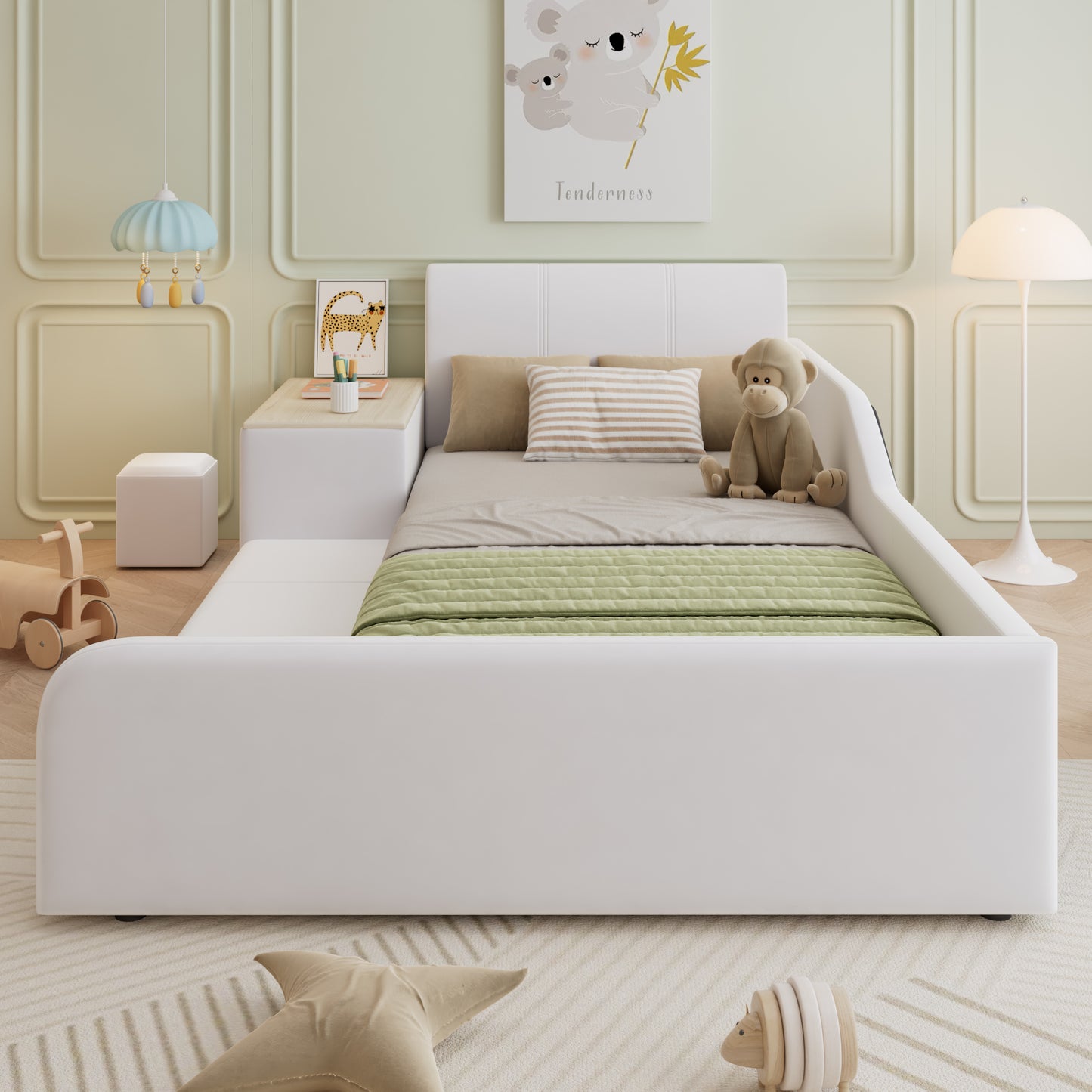 Upholstered Bed, Single Bed With Children's Desk And Stool, With Shelf, Soft Headboard, Children's Bed With Wooden Slats, Velvet, White, 90x200cm
