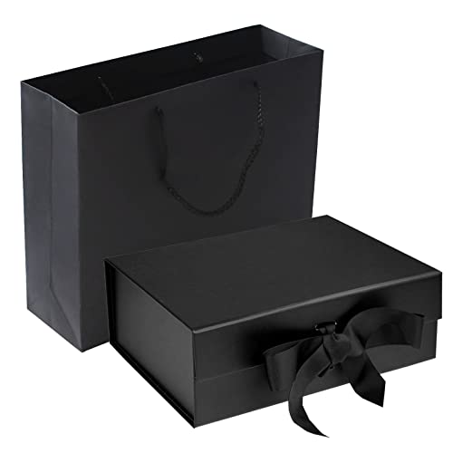 RUIFYRAY Black Luxury Magnetic Gift Box with Lid, Ribbons and Gift Bag, Medium Size-9.4x7x3 Inches, Great for Christmas, N...