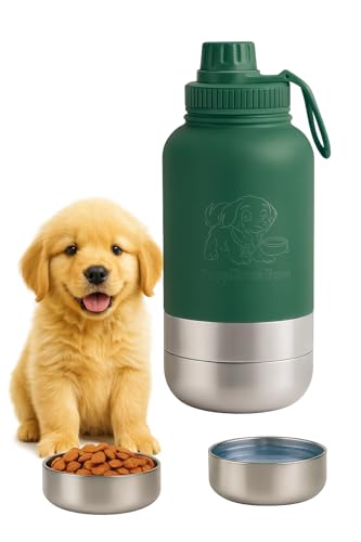 PuppiLovePets PuppiTravelBowl 3-in-1 Dog Travel Water Bottle – 32oz Insulated Aluminum Container with 2 Detachable Cups, L...