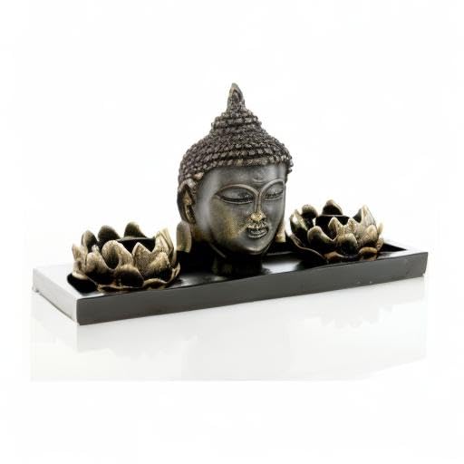 MyGift Black Buddha Head Sculpture Zen Garden Set with Lotus Tealight Candle Holders and Wooden Display Tray, Decorative T...