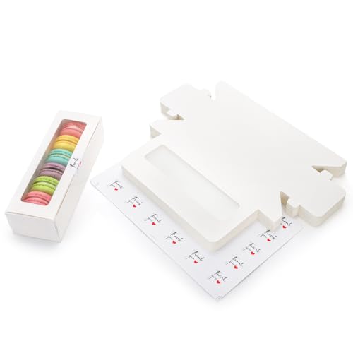Dicunoy 50 Pack Macaron Boxes for 6, White Macaron Gift Boxes with Clear Window and 120 PCS Stickers, Sturdy Macaron Packa...