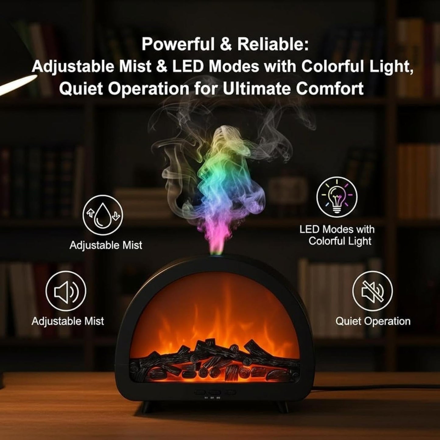 Portable Humidifier, Large Mist Volume, Fireplace Flame Aromatherapy Machine, Home Office Desk Essential Oil Automatic Fragrance Diffuser