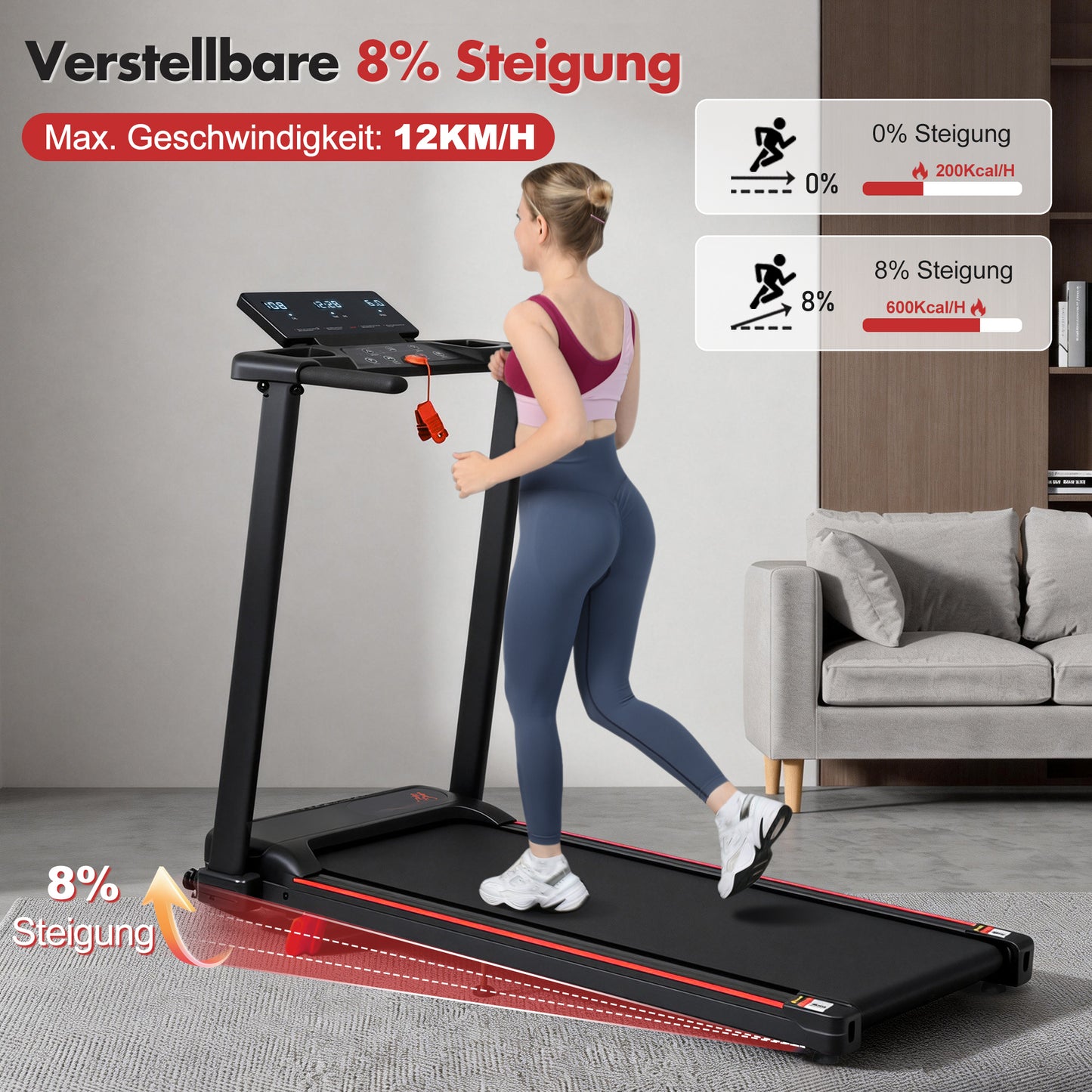 Treadmill With 8 Incline, Portable Treadmill For Home With Handle, Foldable Treadmill With 1-12 Km H And 120 Kg Load Capacity, 3.0 HP, 4 Adjustable Feet, Quick Button Speed