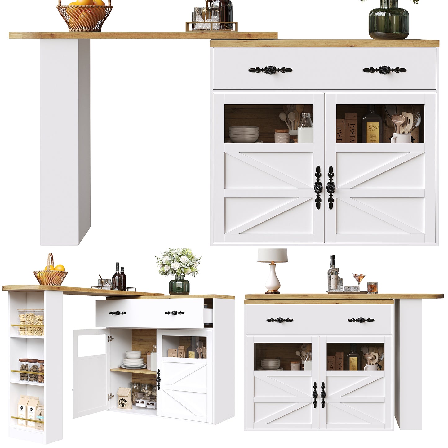 Extendable Bar Table With Storage  138-204x39x104cm , 360 Rotatable Edible,Modern Movable Bar Table,High Table Kitchen Island Bistro Table, Sideboard Cabinet With Shelves, White