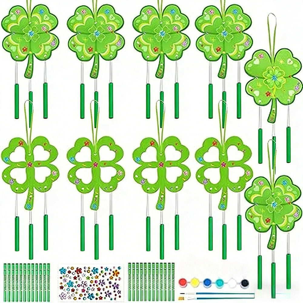 58-Piece DIY Craft Set For Four-Leaf Clover Wind Chime With Wooden Leaves, Silver Wire, And Accessories—Party Accessory Set