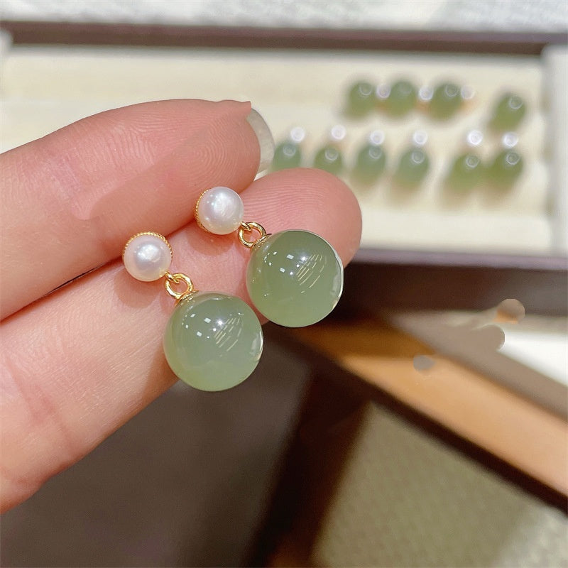 Best-selling All-silver S925 Stud Earrings Inlaid With Clear Jade-like Hetian Jade
