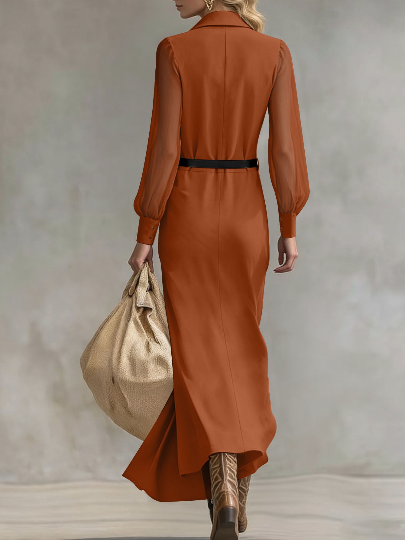 Women's Collared Neck Sheer Puff Sleeve Button Front Belted Maxi Shirt Dress Elegant Office Wear Maxi Dress